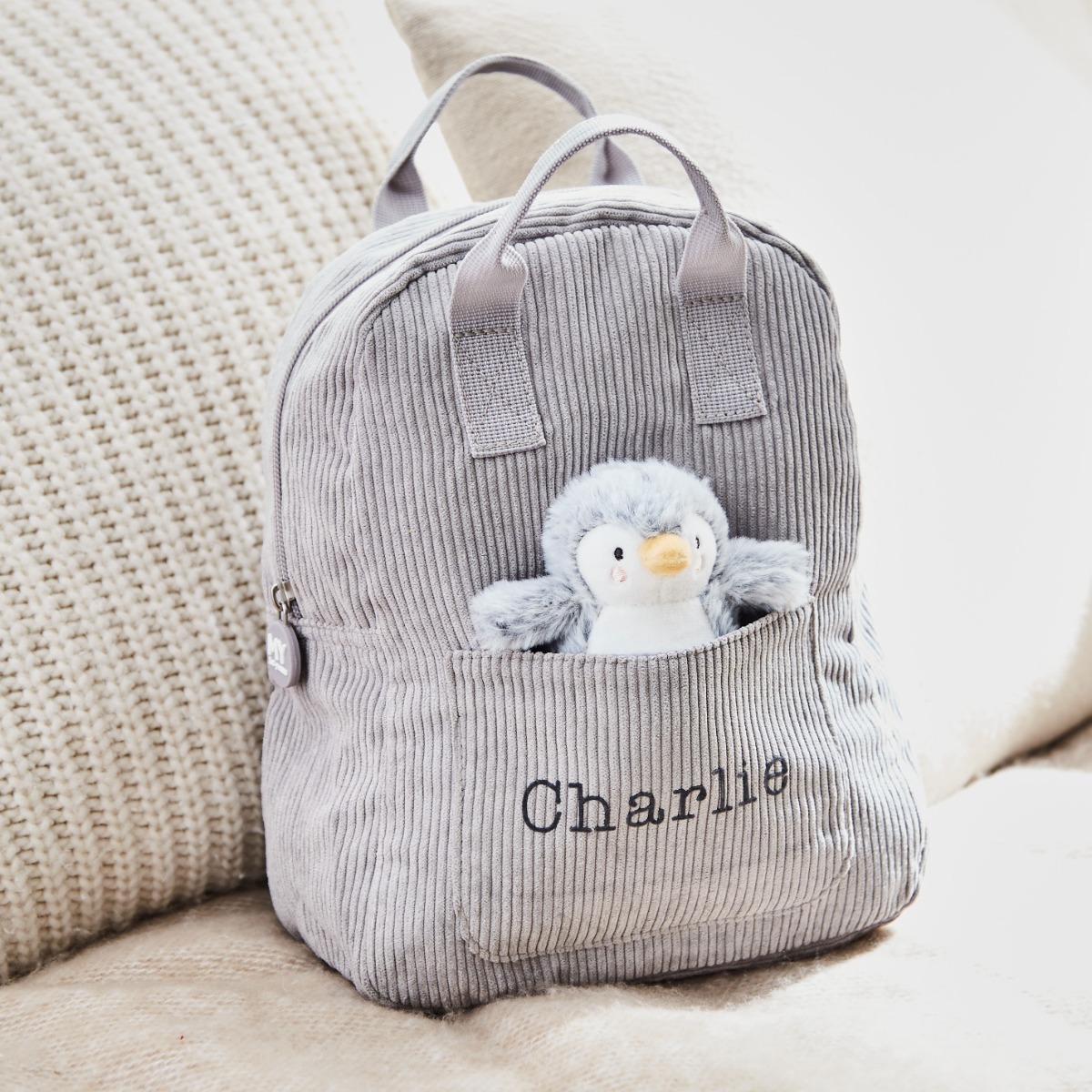 Personalised Grey Cord Mini Backpack and Penguin Toy