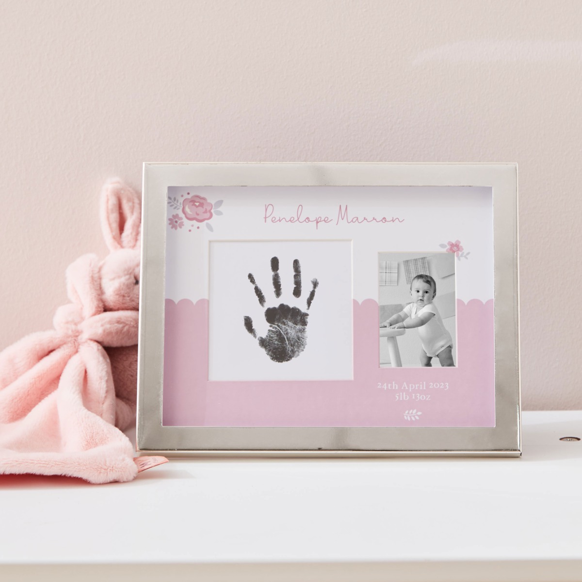 Personalised Pink New Baby Handprint Photo Frame