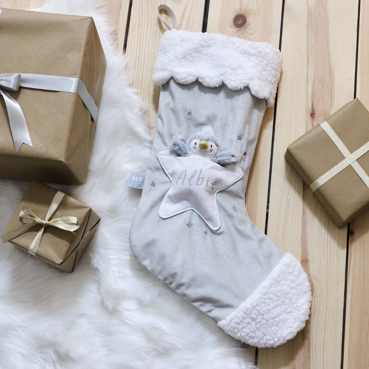 Personalised Star Christmas Stocking & Mini Penguin Set