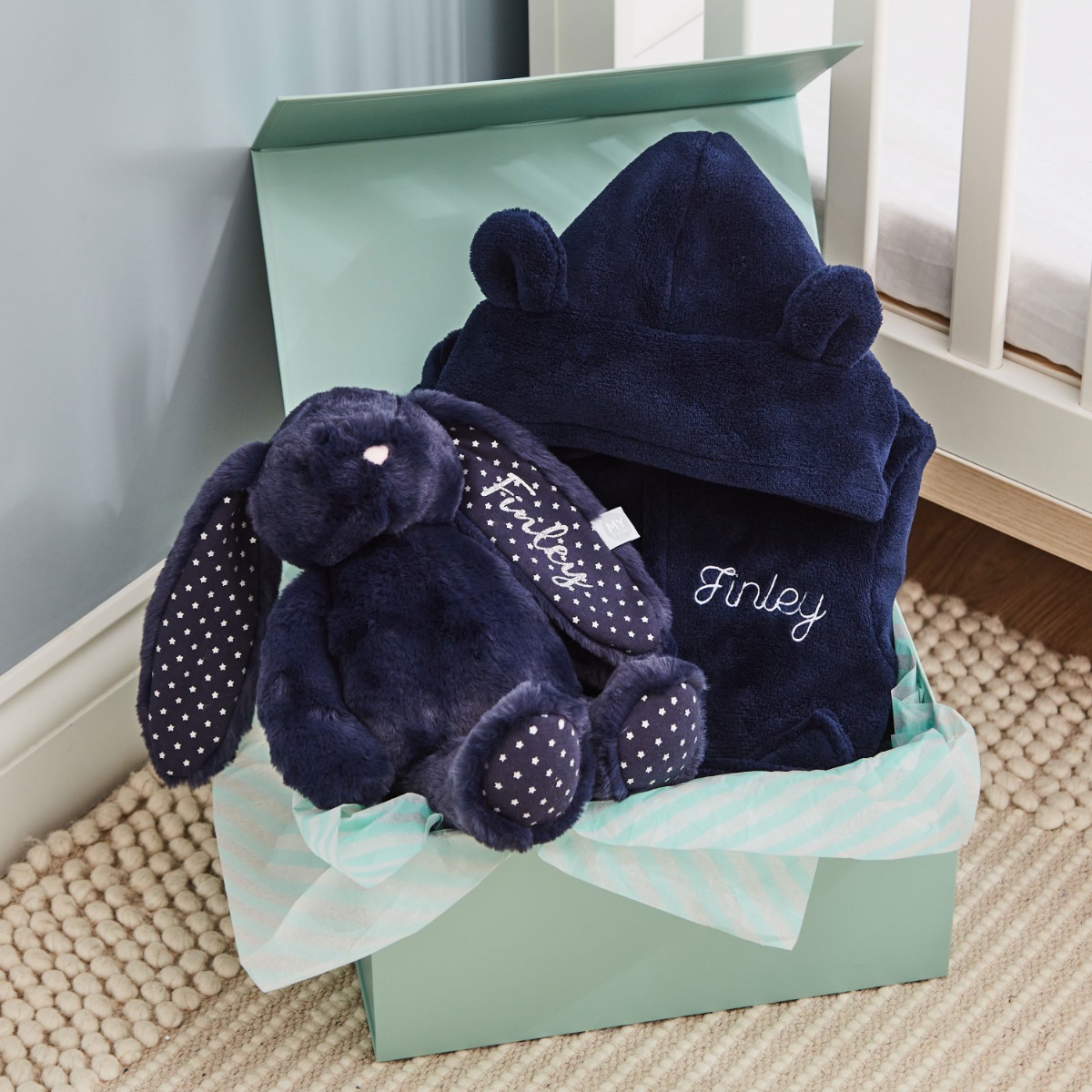 Personalised Navy Robe & Bunny Goodnight Gift Set