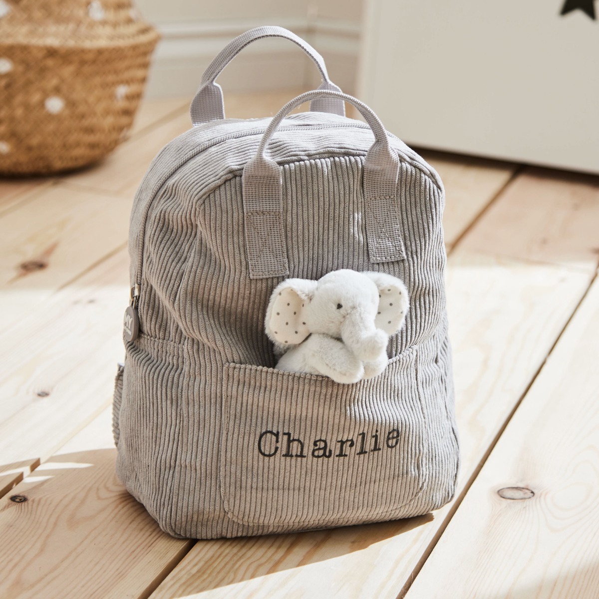 Personalised Grey Cord Mini Backpack and Elephant Toy