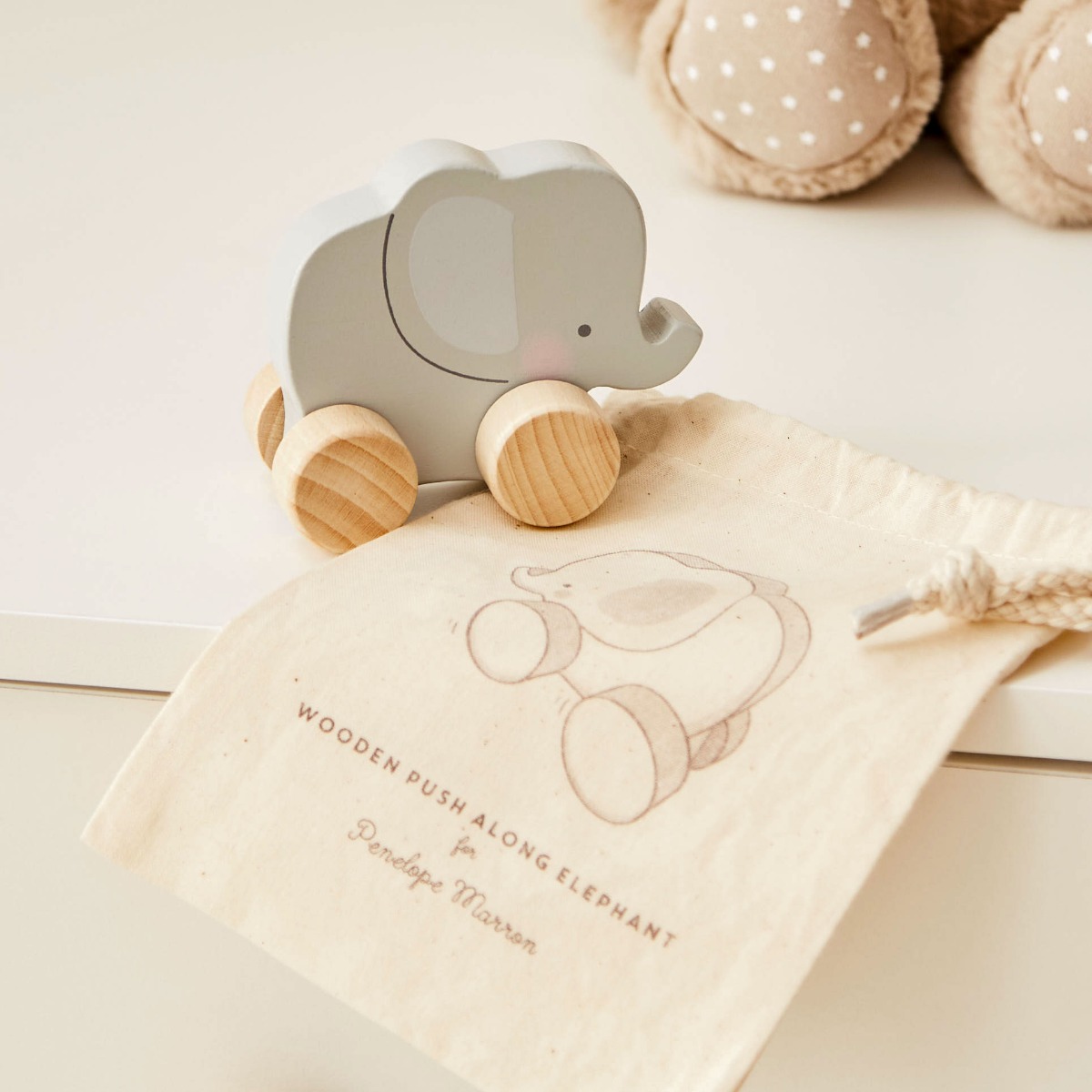 Personalised Bambino Wooden Push-Along Elephant Toy