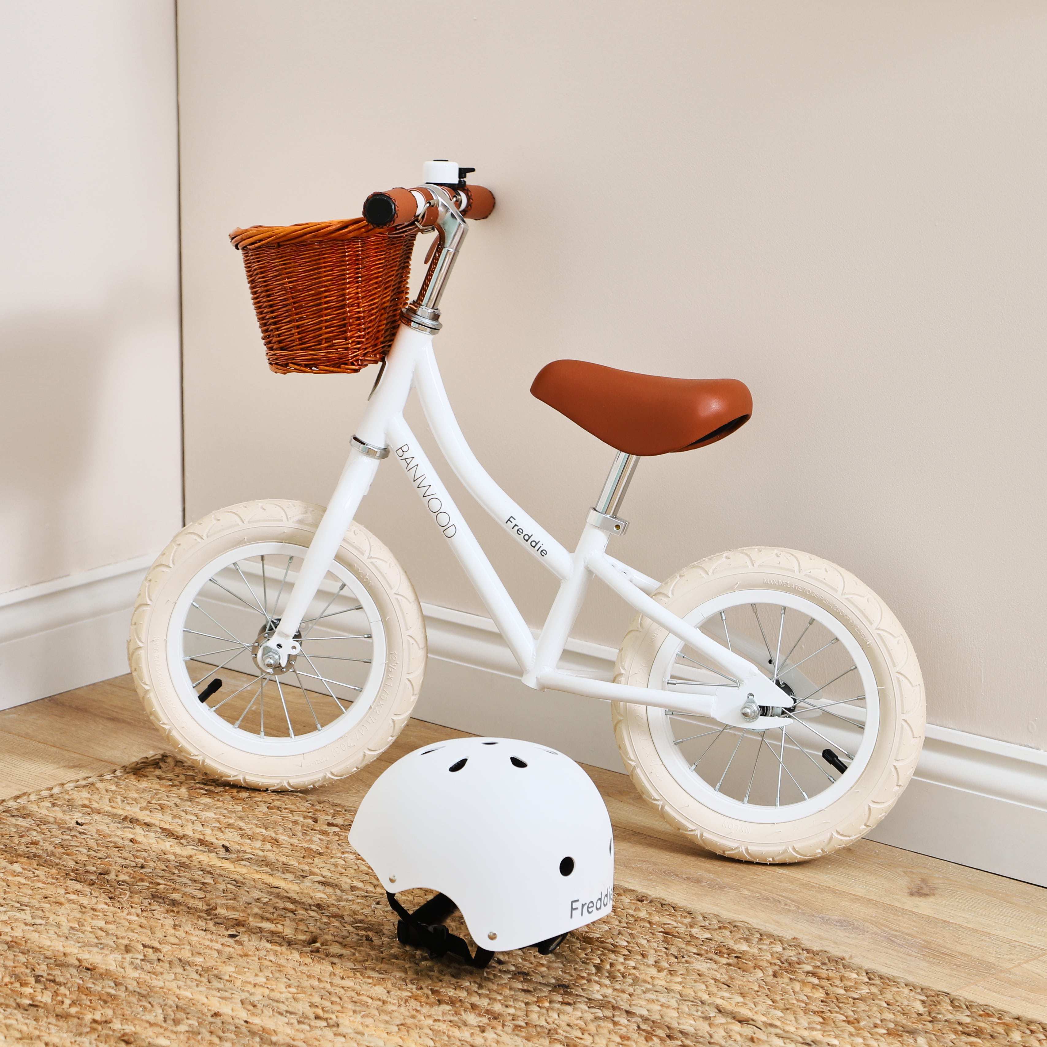 Personalised White Banwood First Go Balance Bike and Helmet Gift Set