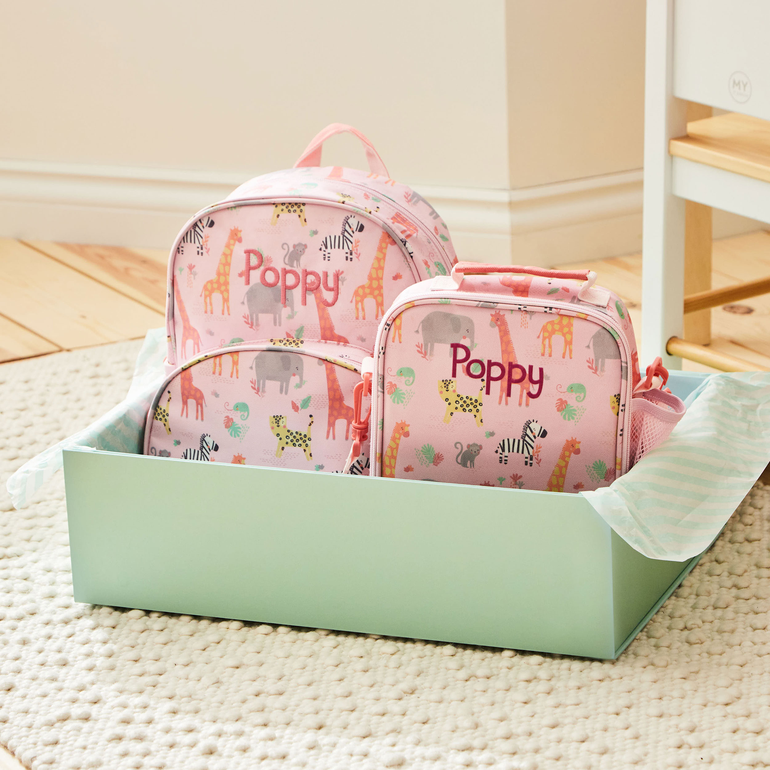 Personalised Pink Safari Backpack & Lunch Bag Set