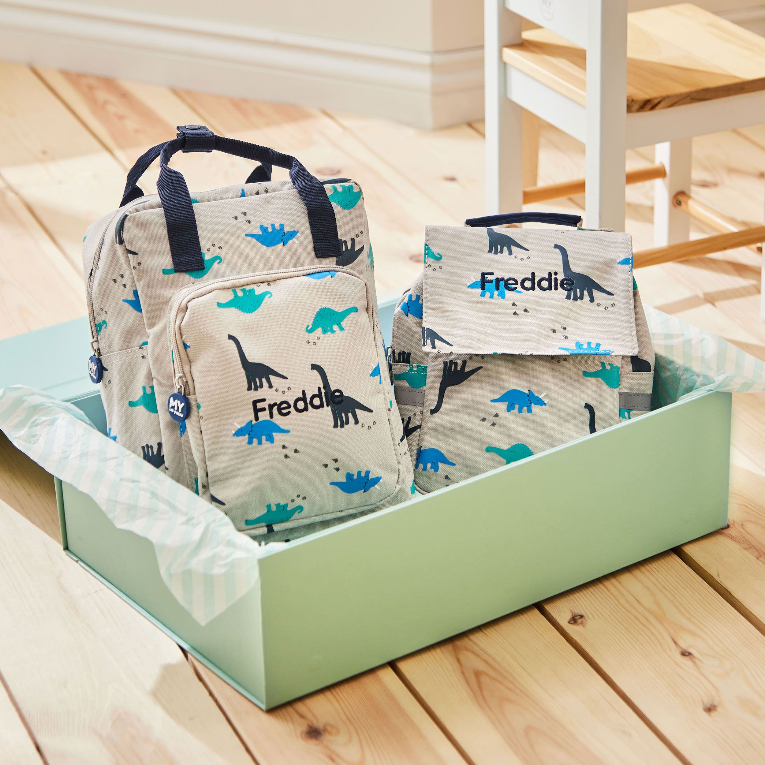 Personalised Grey Dinosaur Backpack & Lunch Bag Set