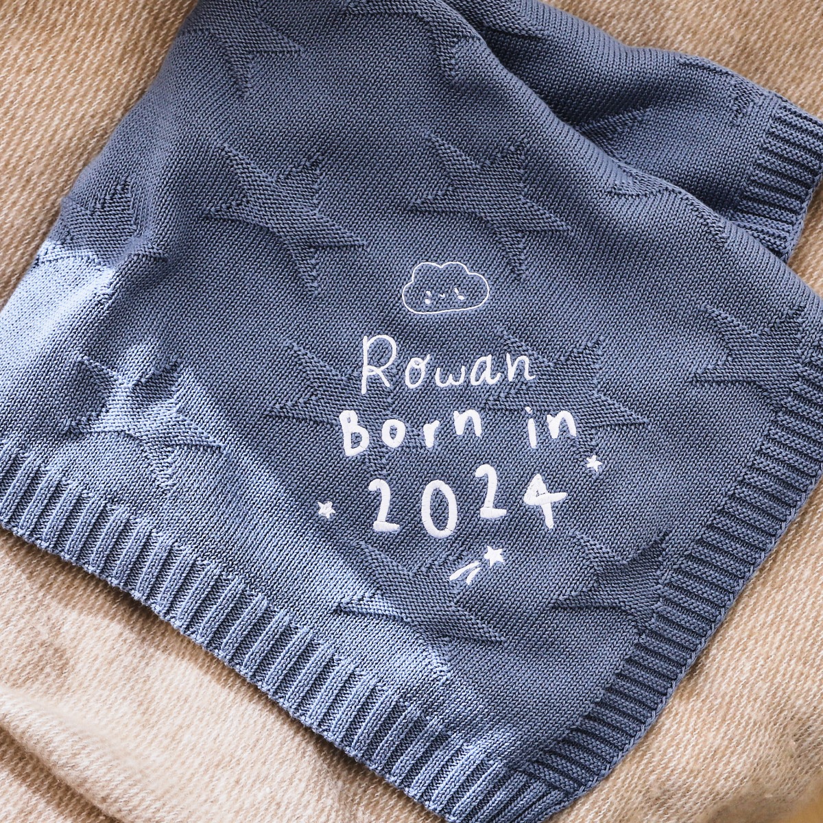 Personalised Born in 2024 Blue Star Jacquard Blanket