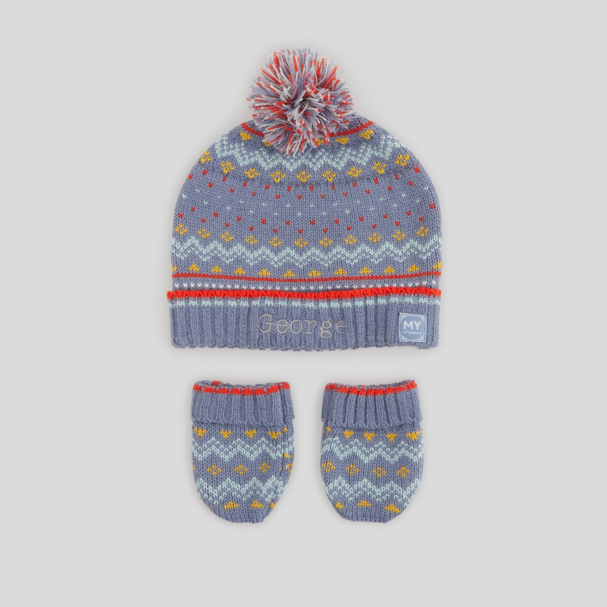 Personalised Blue Patterned Hat & Mitten Set