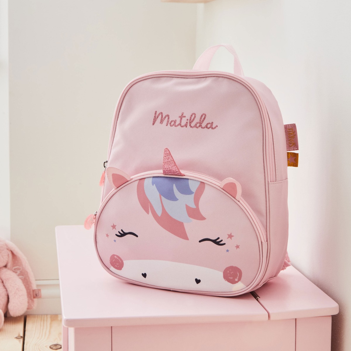 Personalised Pink Unicorn Face Medium Backpack