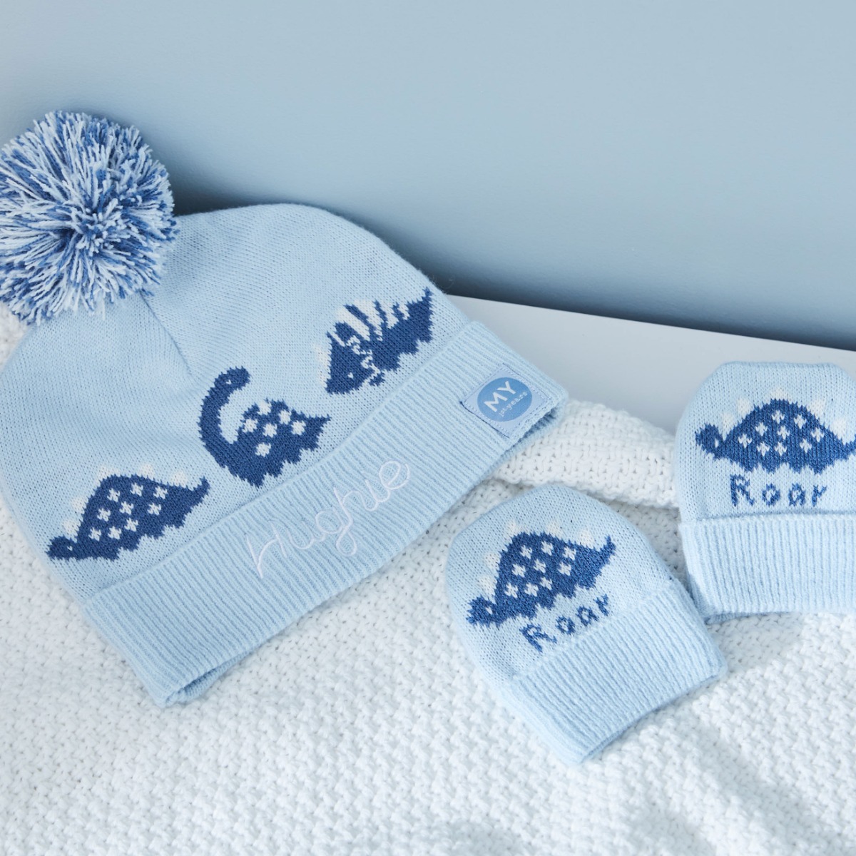 Personalised Blue Dinosaur Knitted Hat & Mittens Set