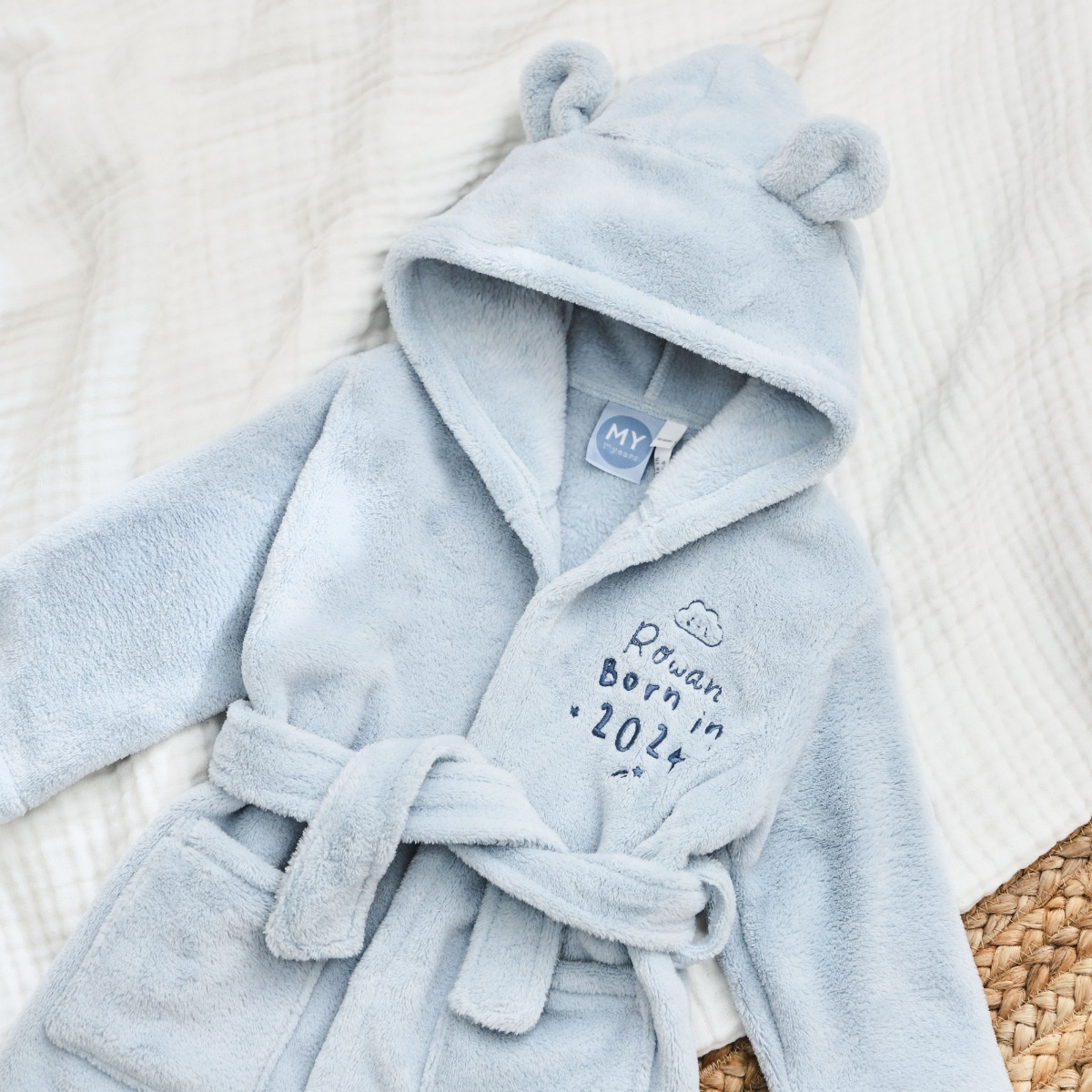 Personalised Born in 2024 Blue Fleece Robe with Ears