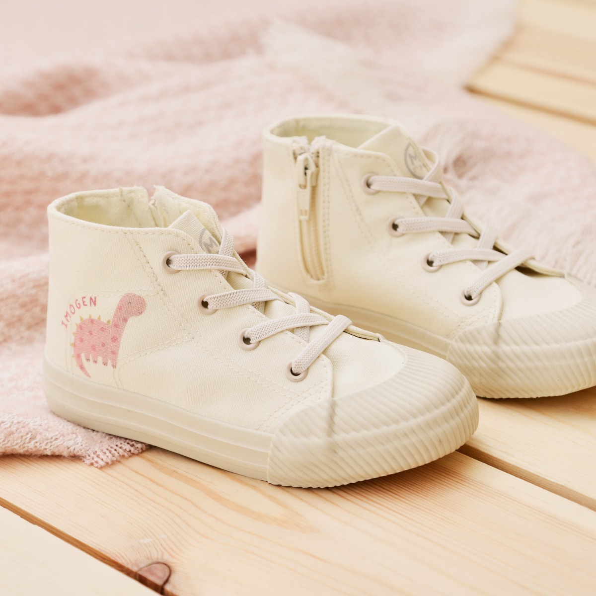 Personalised Pink Dinosaur Ivory Toddler High Tops