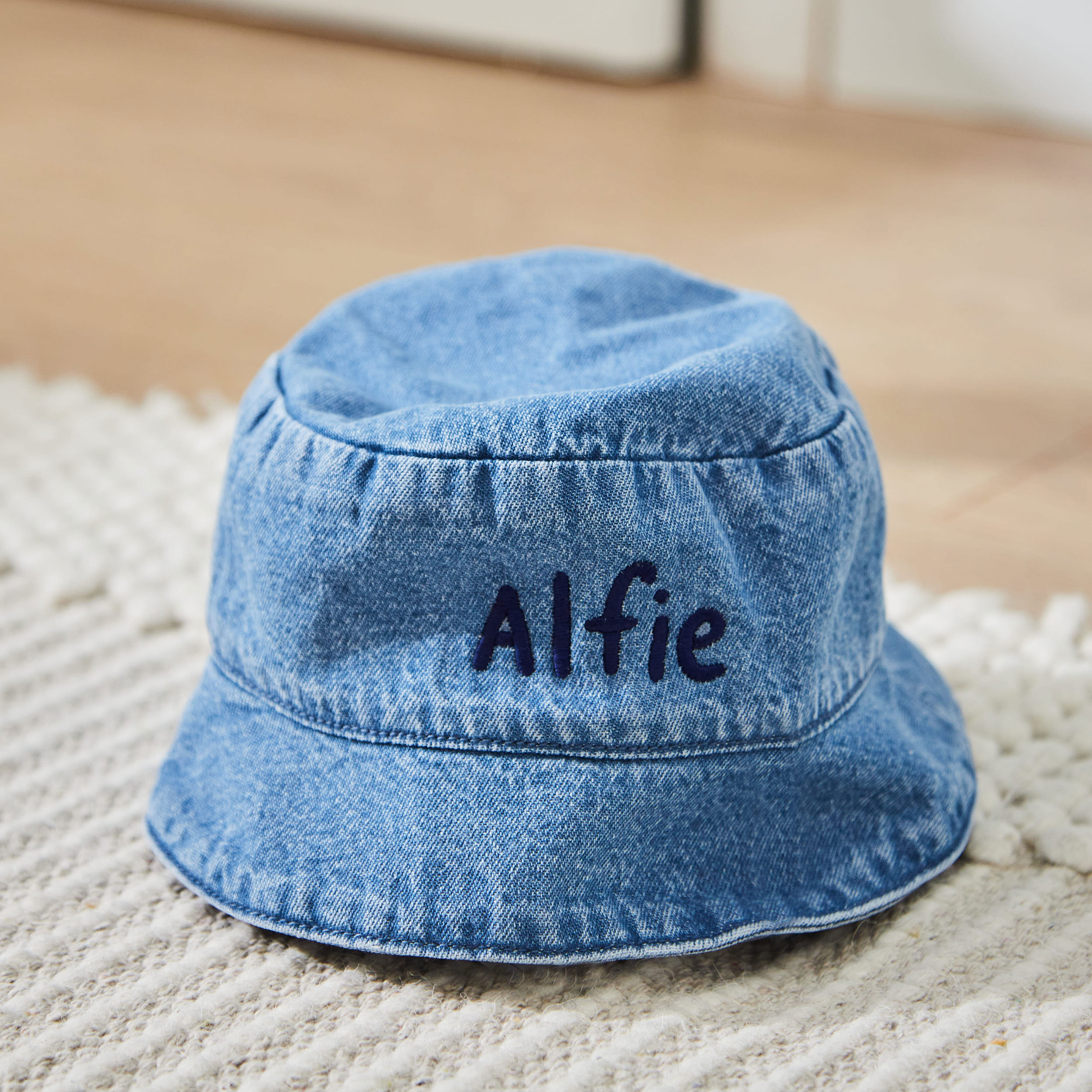 Personalised Blue Lettering Denim Bucket Hat