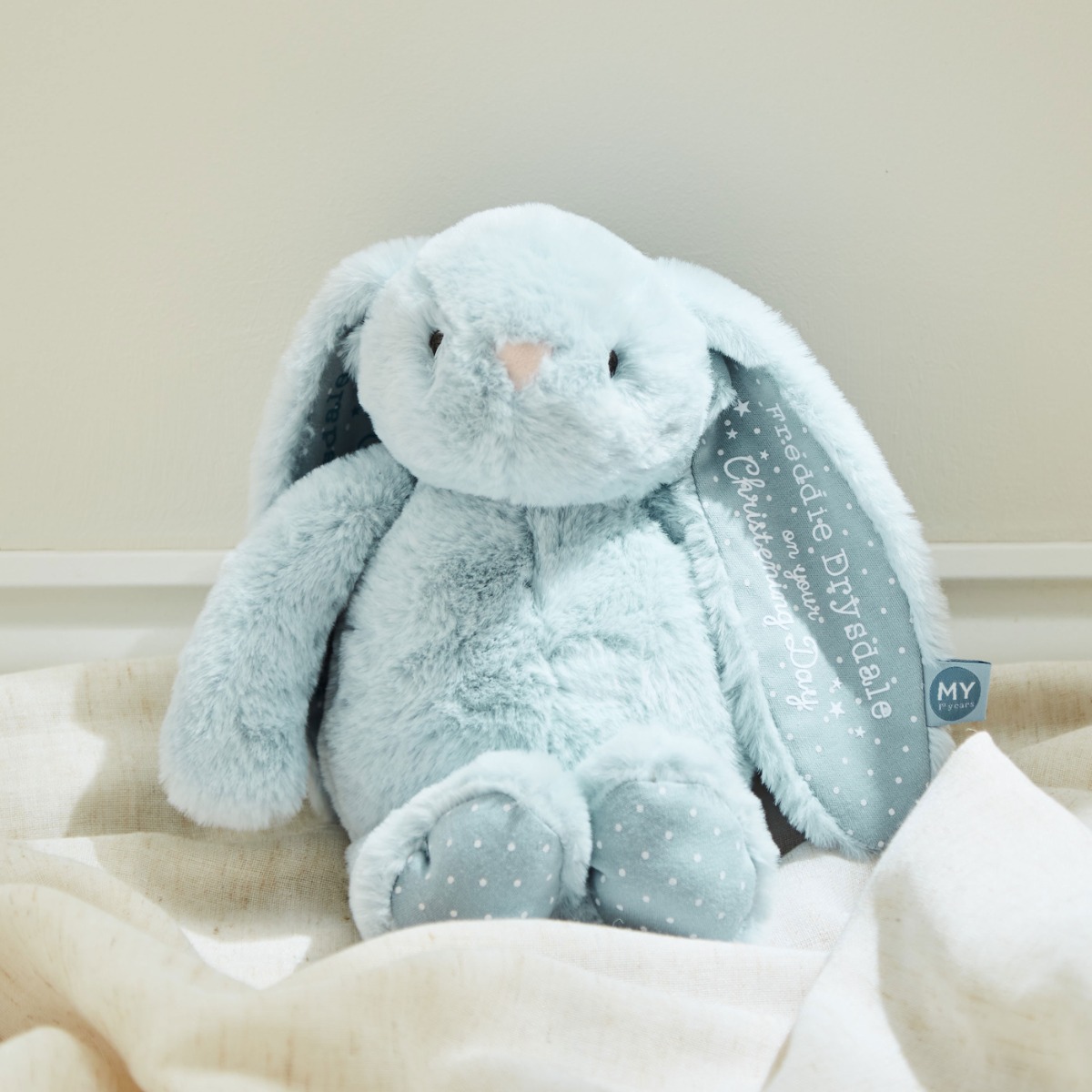 Image of Personalised Christening Day Blue Bunny Soft Toy