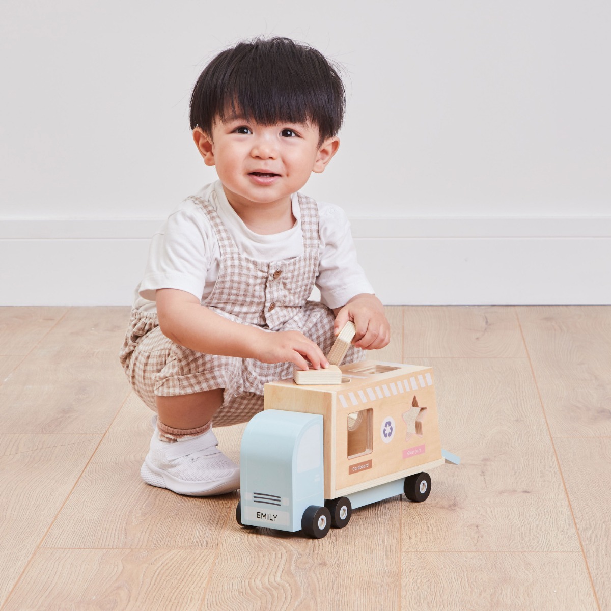 Image of Personalised Wooden Recycling Lorry Shape Sorter Toy