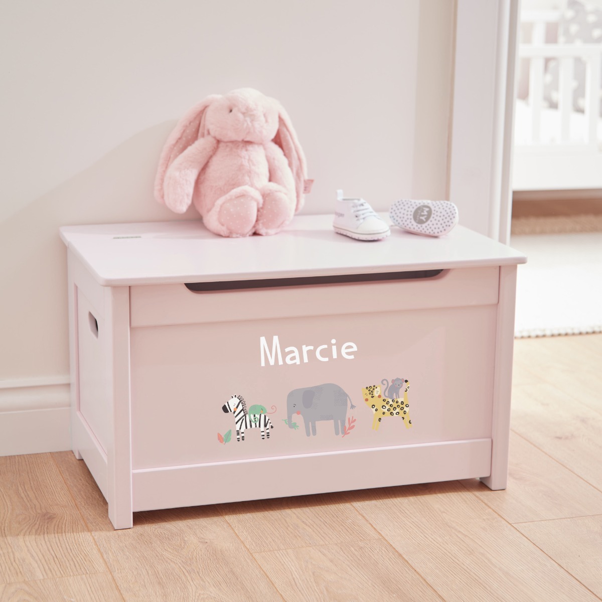 Personalised Safari Animal Design Pink Panelled Toy Box