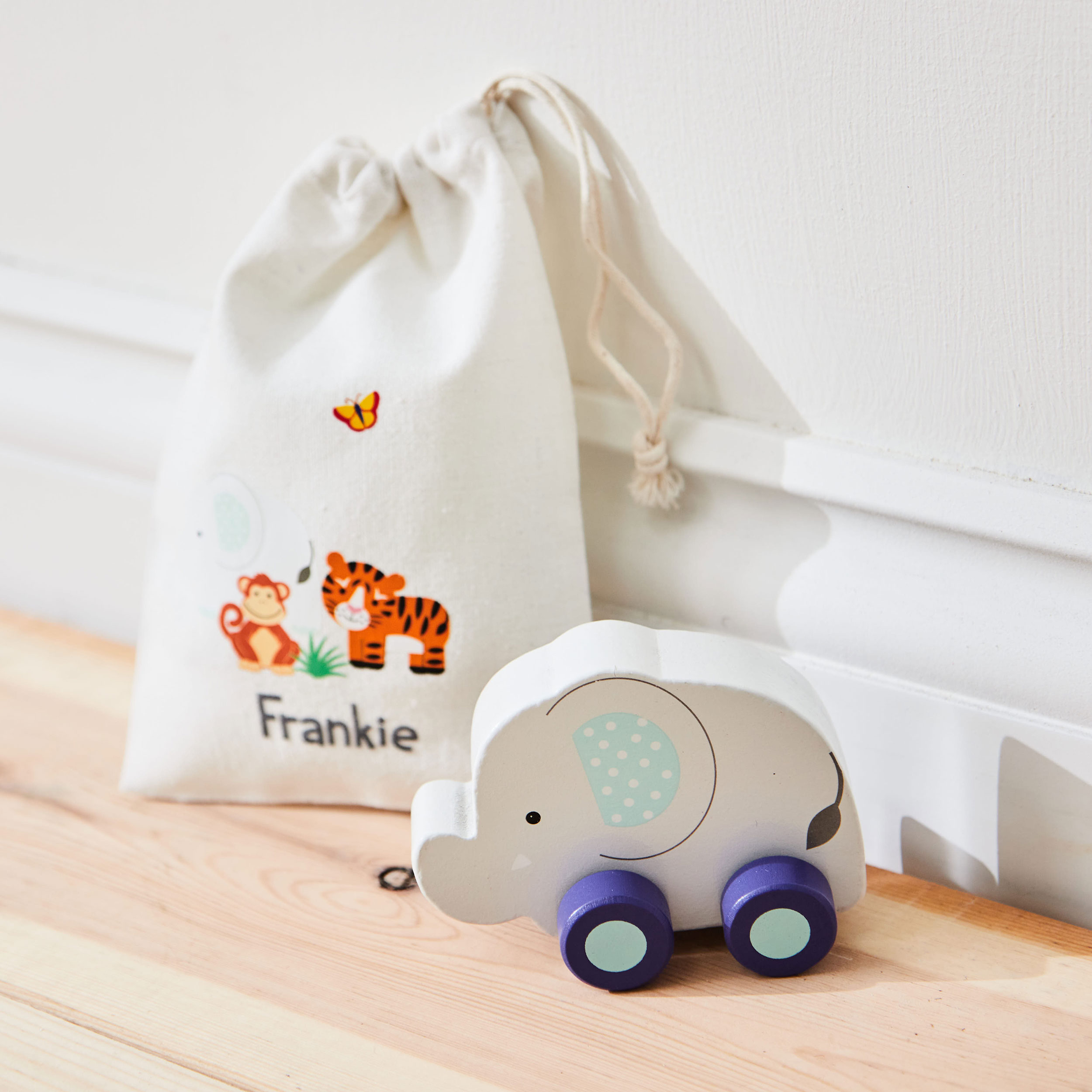 Personalised Orange Tree Toys Wooden Push-Along Elephant Toy