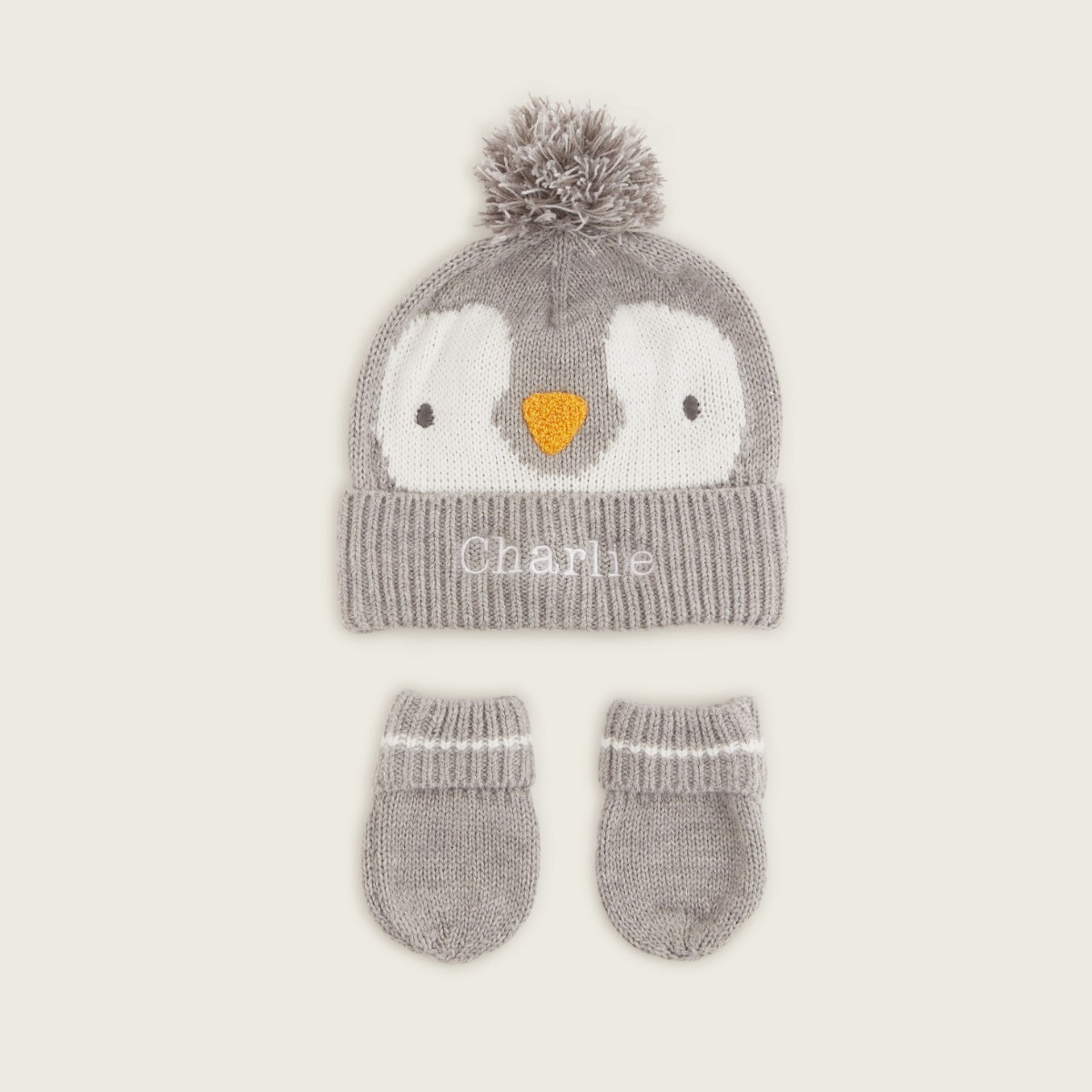 Personalised Grey Penguin Hat & Mittens Set
