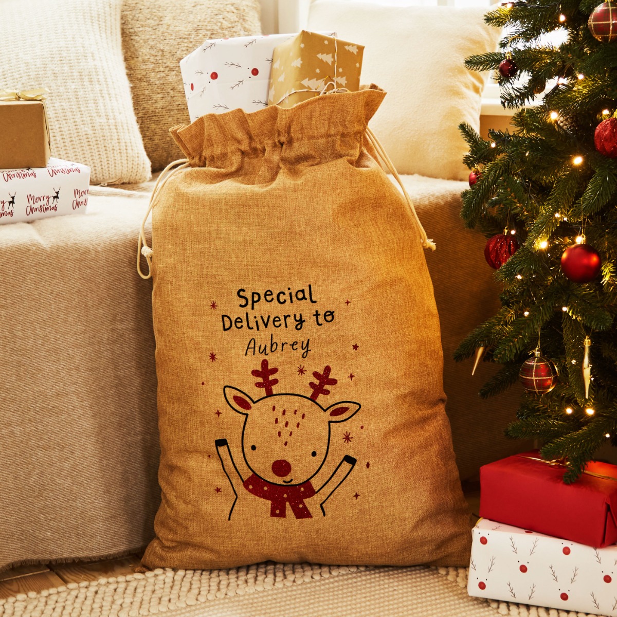Personalised Brown Reindeer Christmas Sack