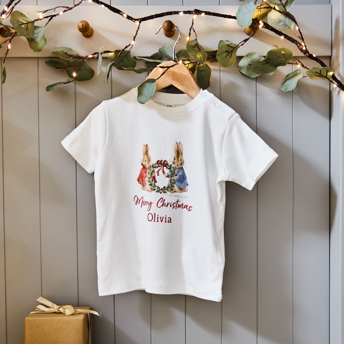 Personalised Peter Rabbit and Flopsy White Christmas T-Shirt