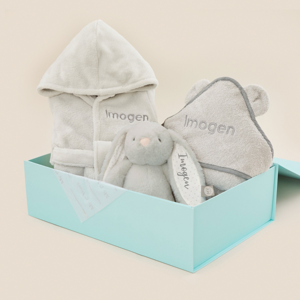Personalised Grey Splash, Snuggle & Cuddle Gift Set