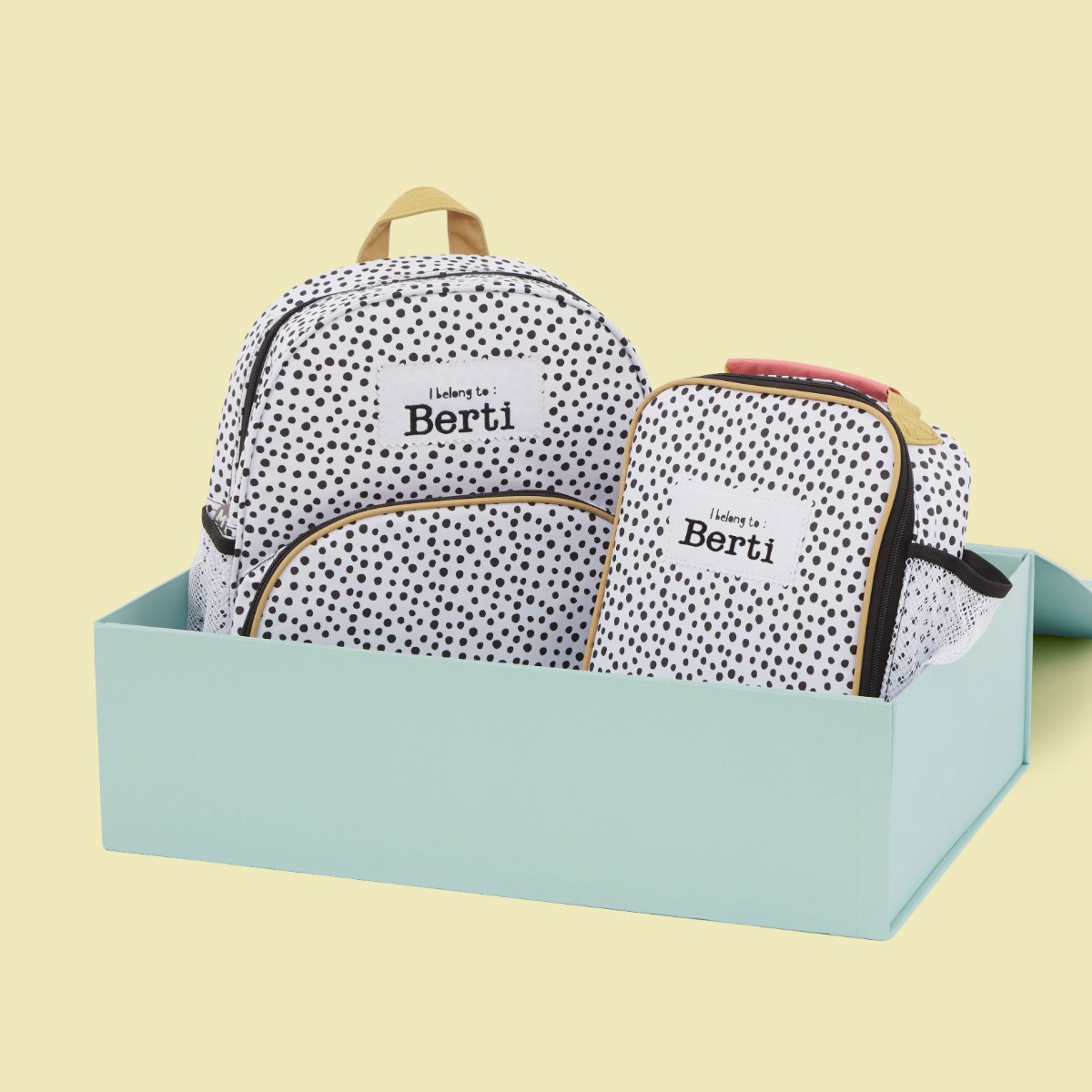 Personalised Black and White Polka Dot Backpack and Lunch Bag Set