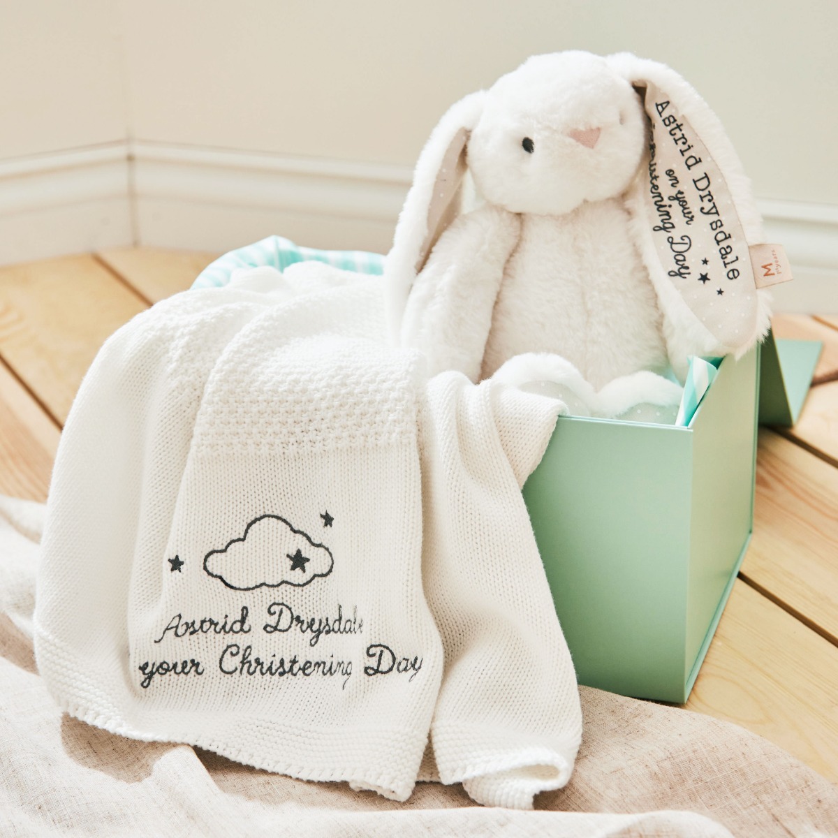 Personalised White Bunny and Shawl Christening Gift Set