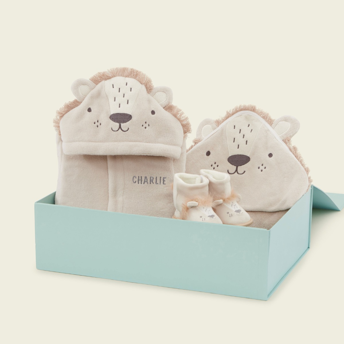 Personalised Cream Lion Splash, Snuggle and Snooze Gift Set