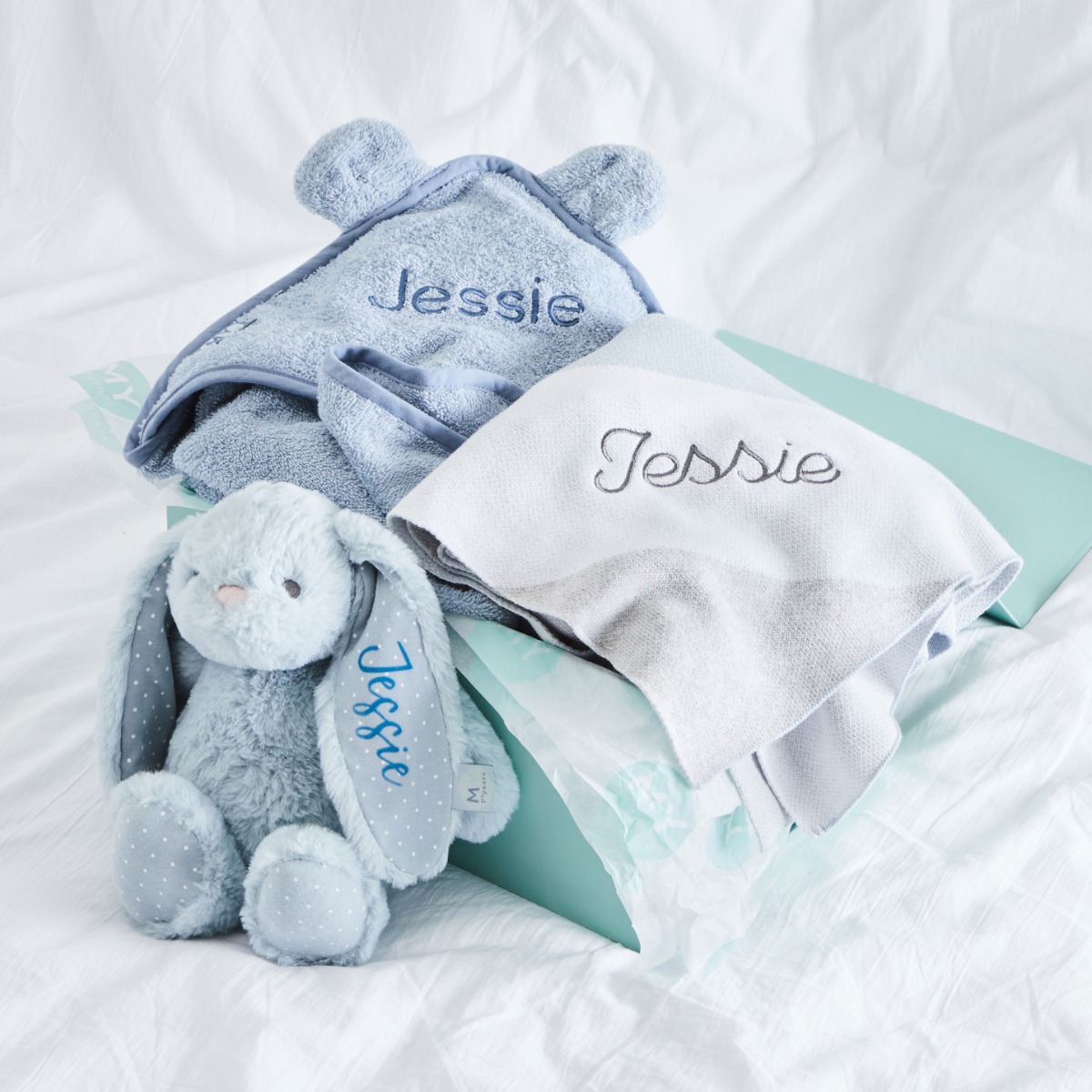 Personalised Blue New Baby Essentials Gift Set With Stripe Blanket