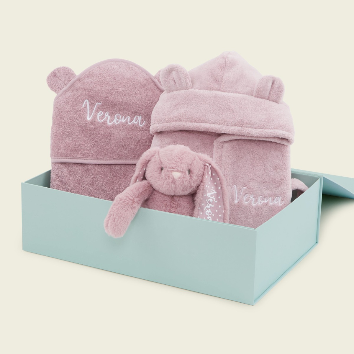 Personalised Mauve Splash, Snuggle & Cuddle Gift Set