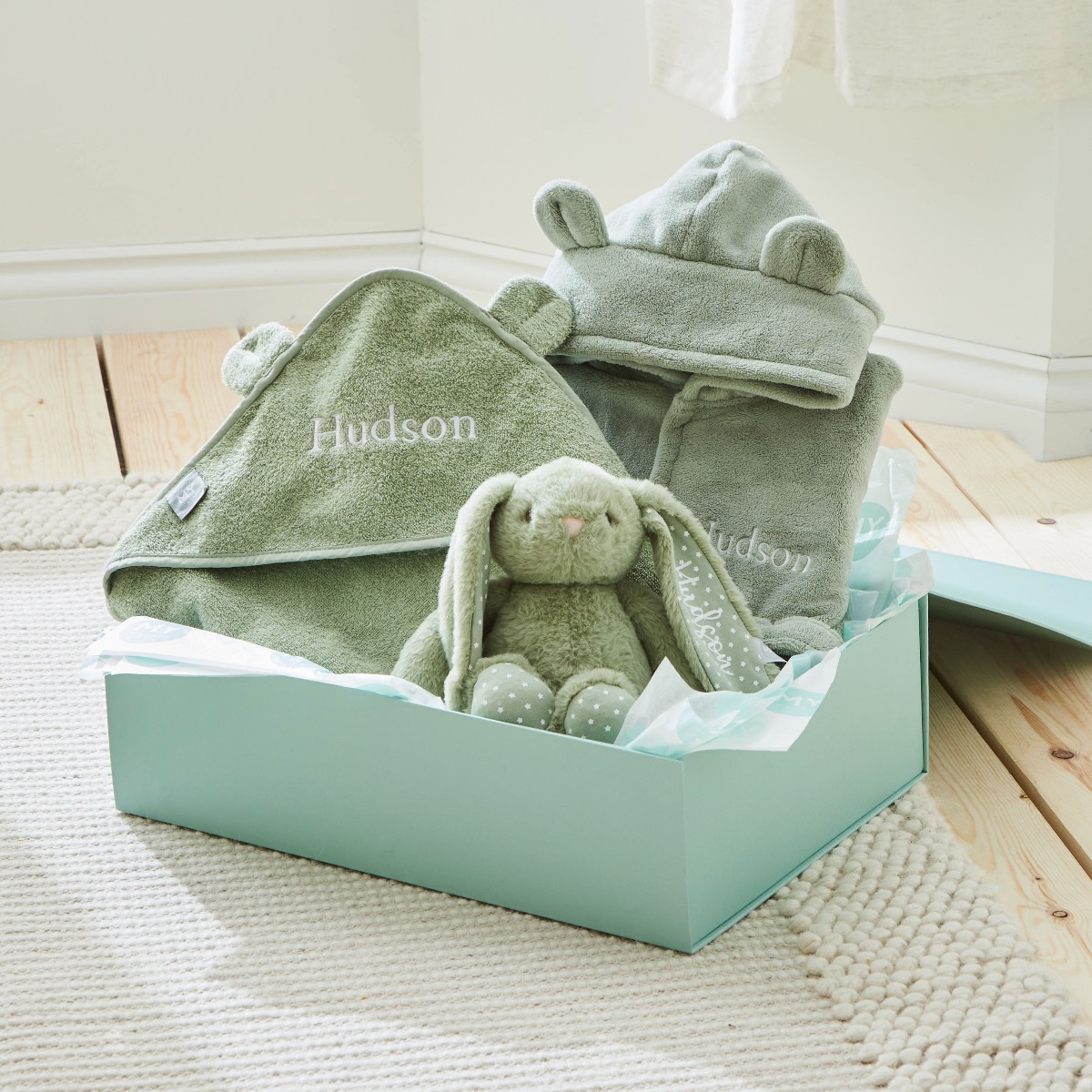 Personalised Sage Splash, Snuggle & Cuddle Gift Set