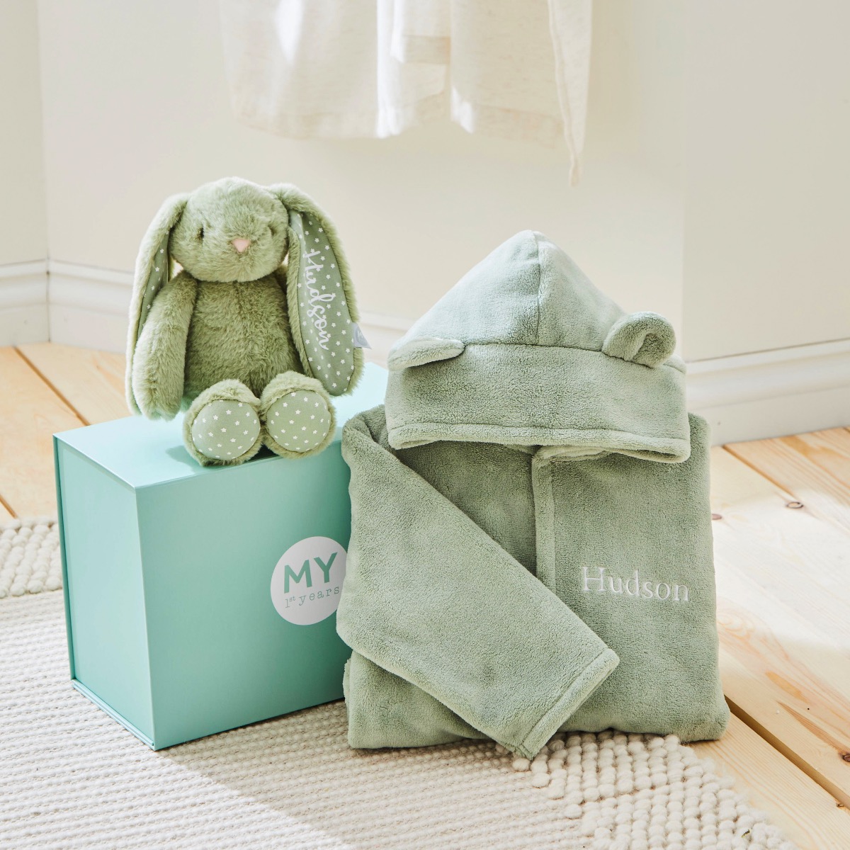 Personalised Sage Green Robe and Bunny Goodnight Gift Set
