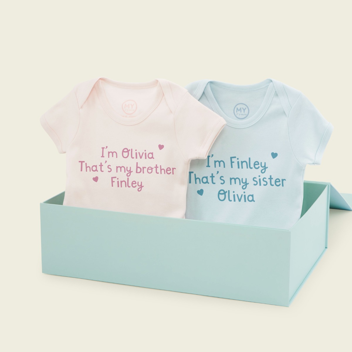 Personalised Blue and Pink Brother and Sister Bodysuit Set