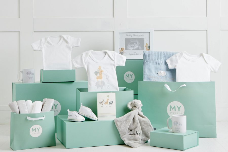 baby shower gifts on green boxes
