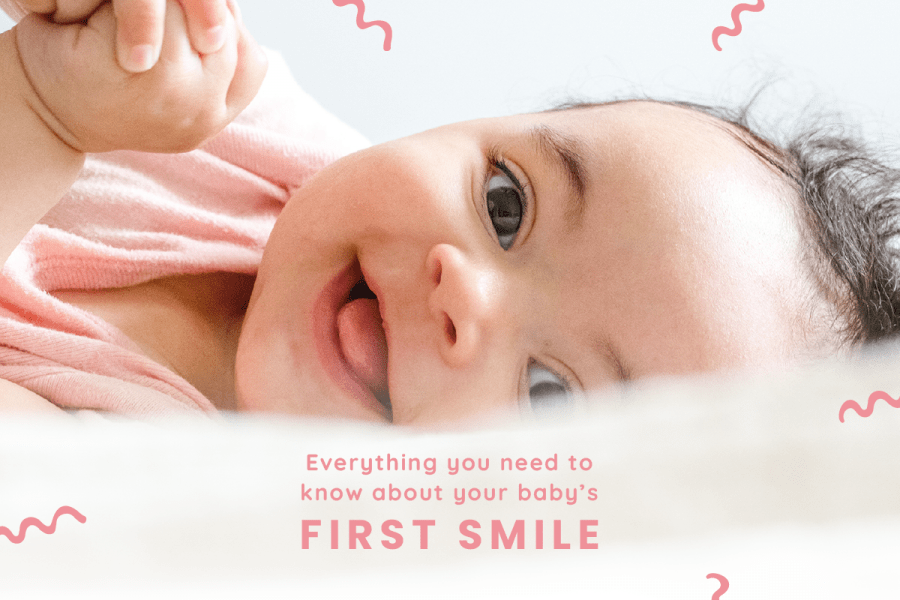 baby smiling with everything you need to know about your baby's first smile pink text