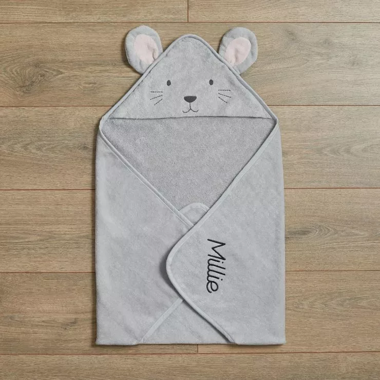 Personalised Grey Mouse Hooded Towel Flat View