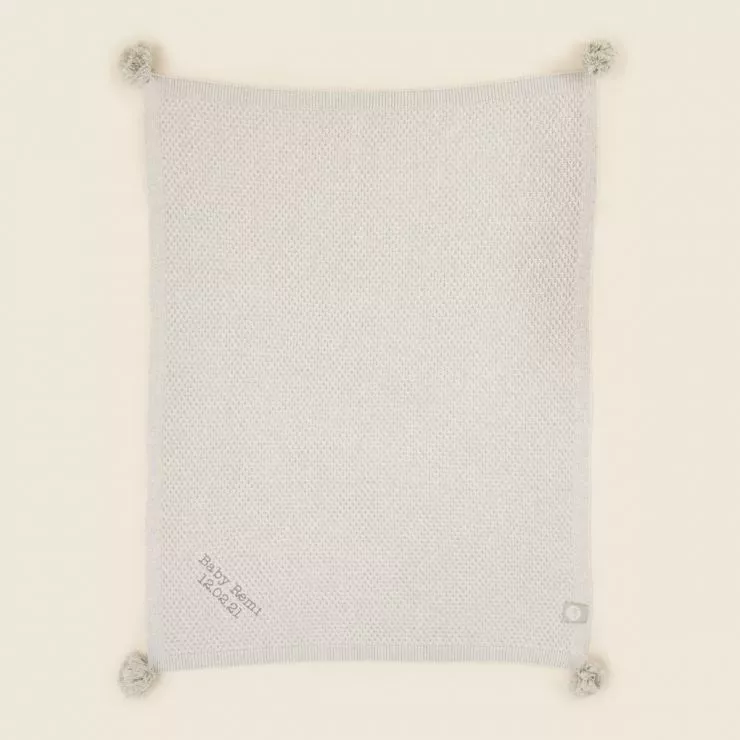 Personalised Grey Cashmere Blend Baby Blanket with Pom Poms