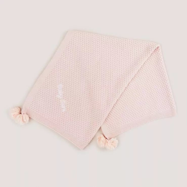 Personalised Pink Cashmere Blend Baby Blanket with Pom Poms