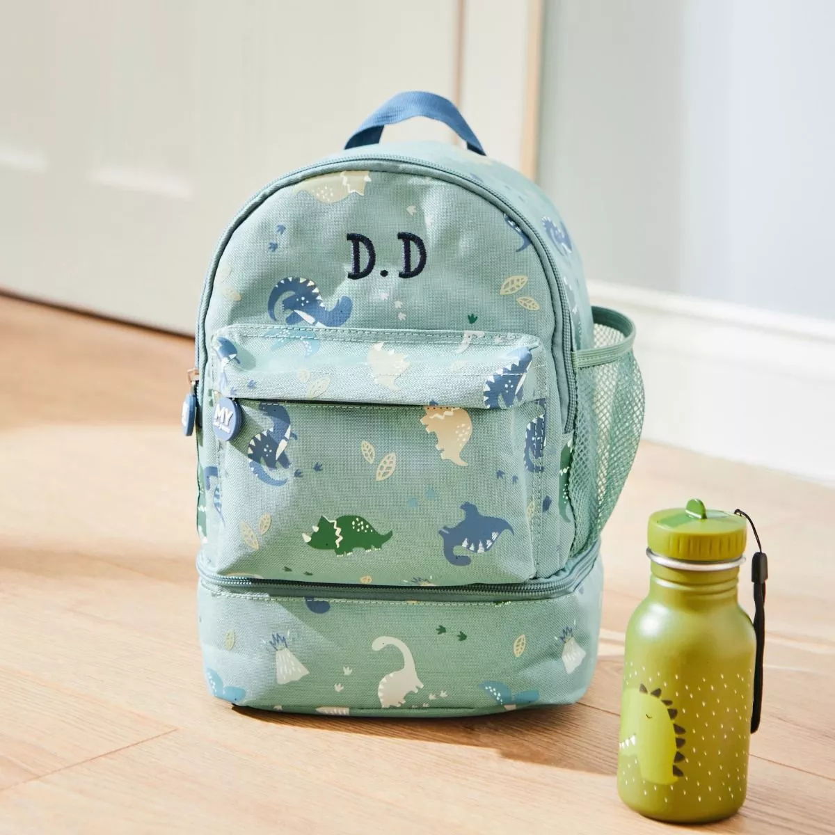 Personalised Green Dinosaur Print Mini Backpack with Compartment