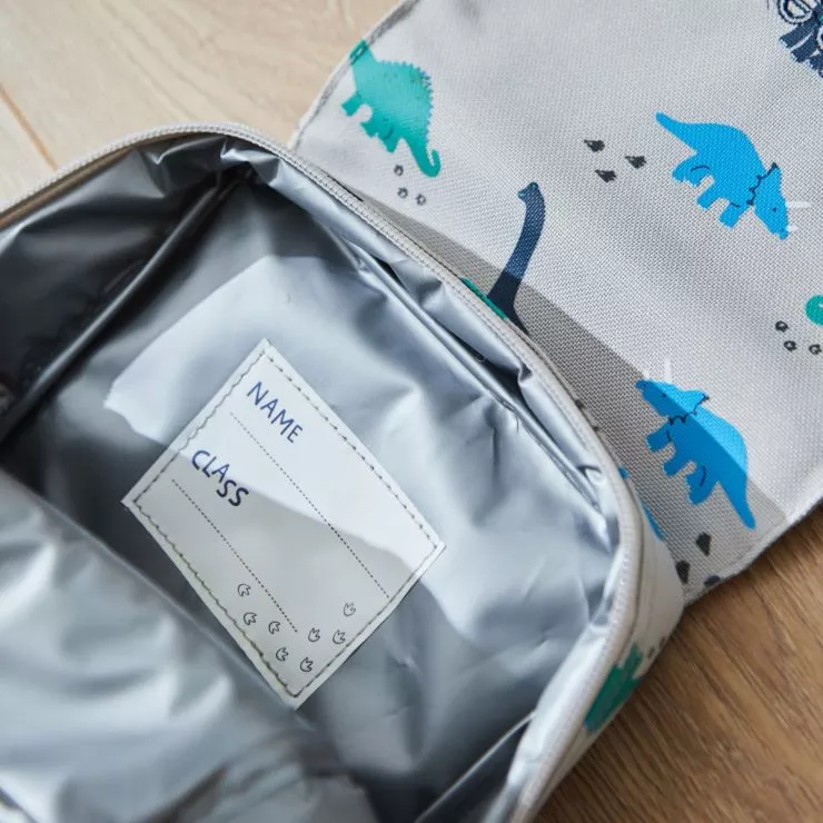 Personalised Grey Dinosaur Print Lunch Bag