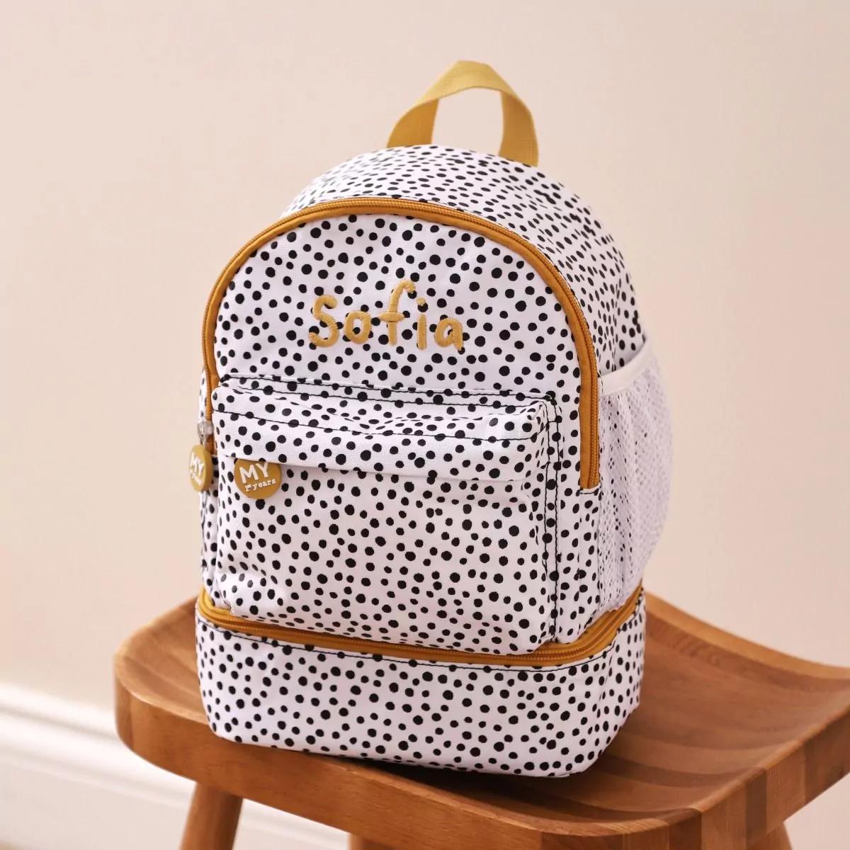 Personalised Black and White Polka Dot Mini Backpack with Compartment