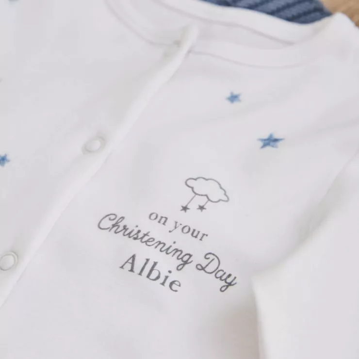 Personalised On Your Christening Day Blue Star Jersey Sleepsuit