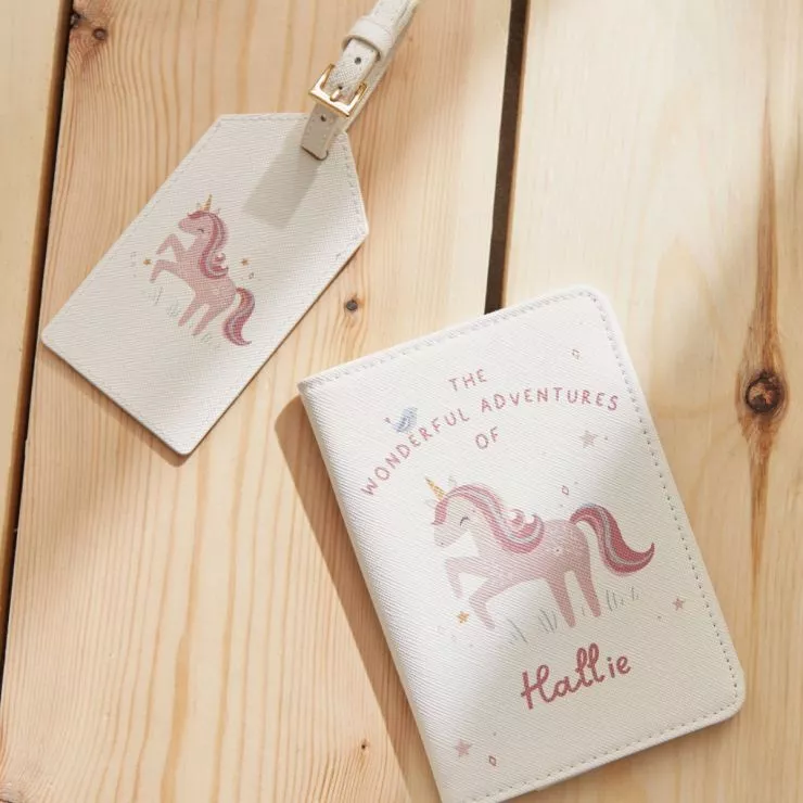 Personalised Unicorn Baby Passport Holder & Luggage Tag Set