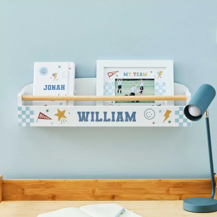 Personalised Blue Checkerboard Picture Shelf