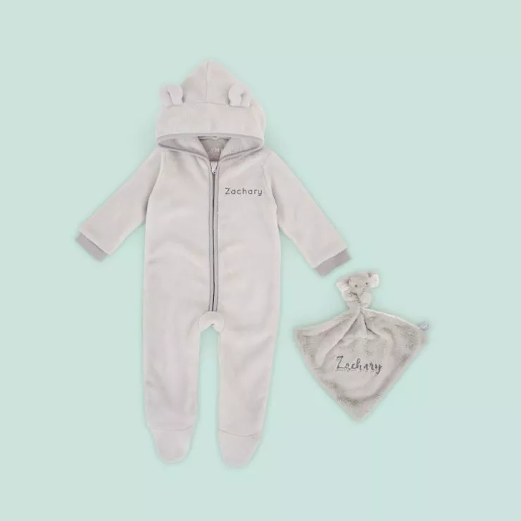 Personalised Grey Fleece Onesie & Comforter Gift Set