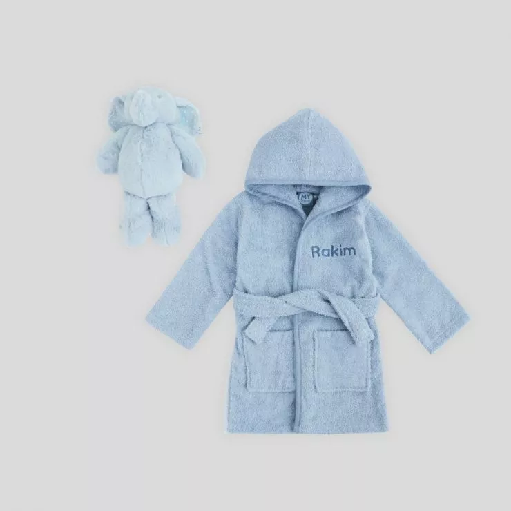 Personalised Blue Towelling Robe & Soft Toy Set