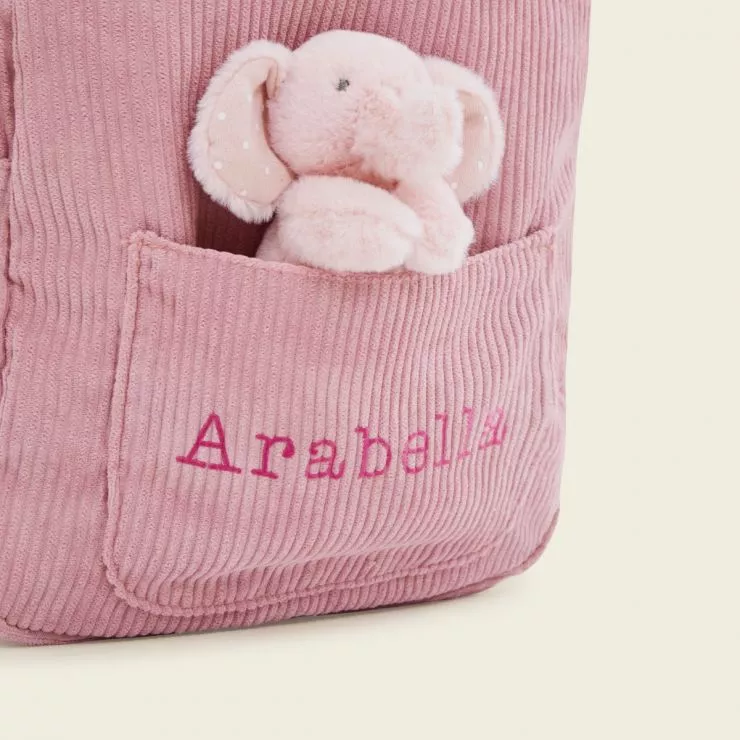 Personalised Pink Cord Mini Backpack and Elephant Toy