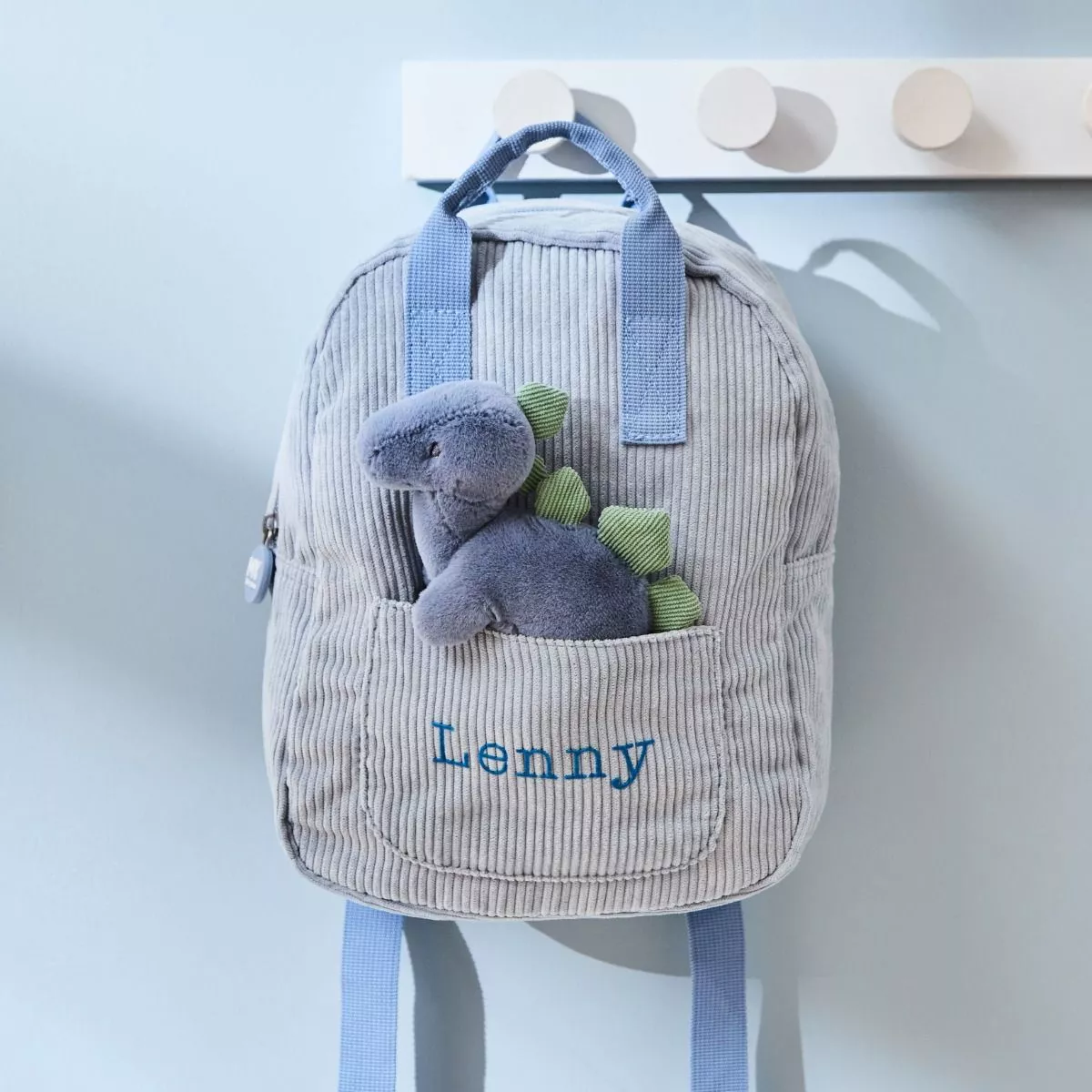 Personalised Blue Cord Mini Backpack and Dinosaur Toy