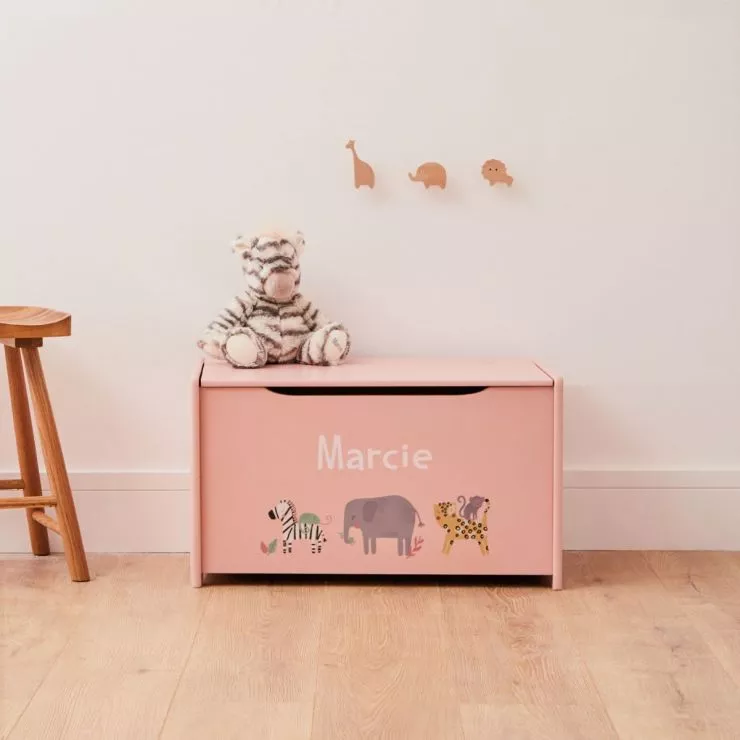 Personalised Safari Animal Design Pink Toy Box