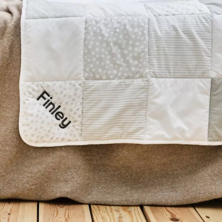 Personalised Grey Patchwork Quilted Blanket