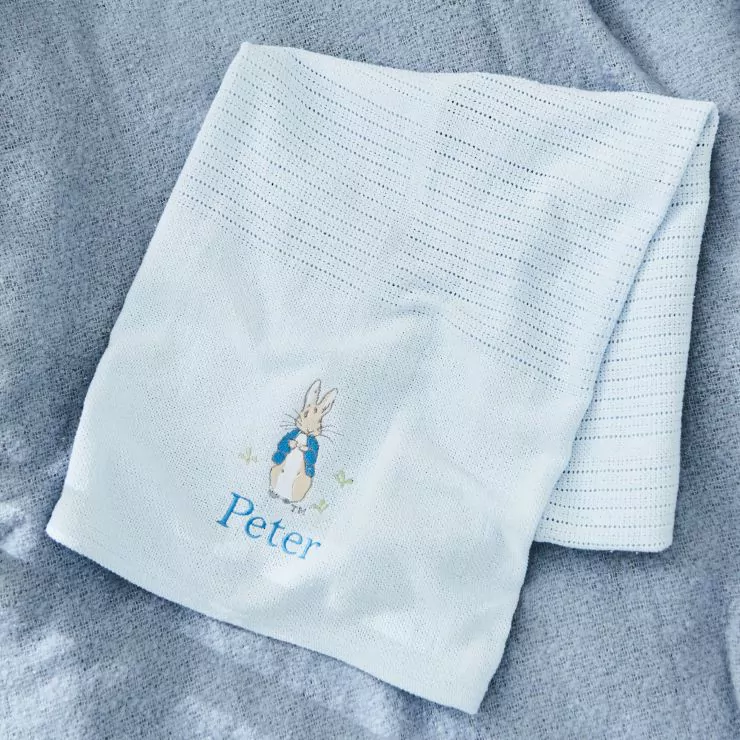Personalised Peter Rabbit Embroidered Blue Cellular Blanket